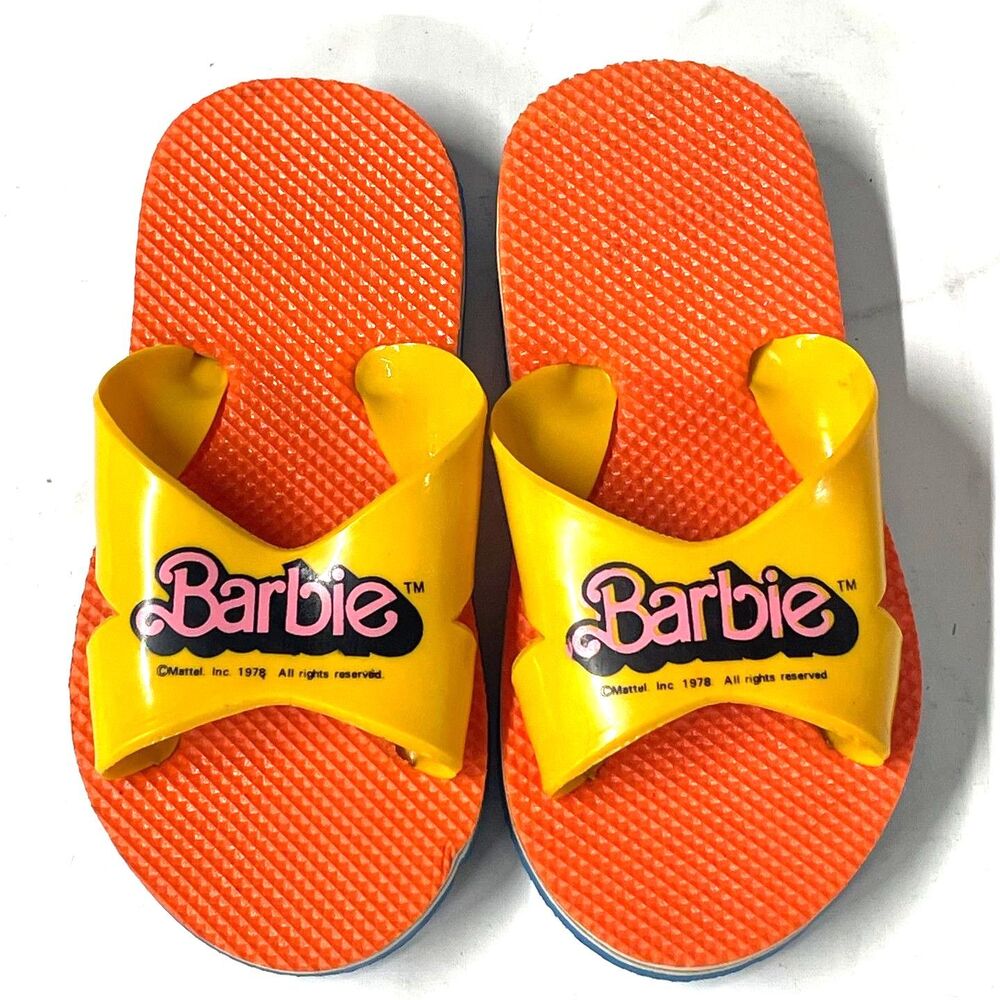 Vintage Barbie Mattel 1978 Slide Sandals Kids Size 6 Orange Yellow Retro
